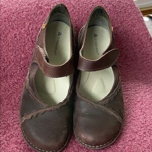 El Naturalista Brown Leather Mary Jane Flats with Scalloped Trim